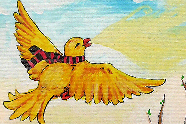 Illustration eines gelben Vogels mit ausgebreiteten Flügeln, der durch den Himmel fliegt. Der Vogel trägt einen schwarz-rot gestreiften Schal.