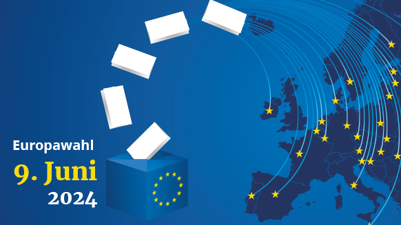 Europawahl am 9. Juni 2024 Europakarte mit Wahlurne und Wahlzetteln, unten links ist der Text "Europawahl 9. Juni 2024" zu lesen.